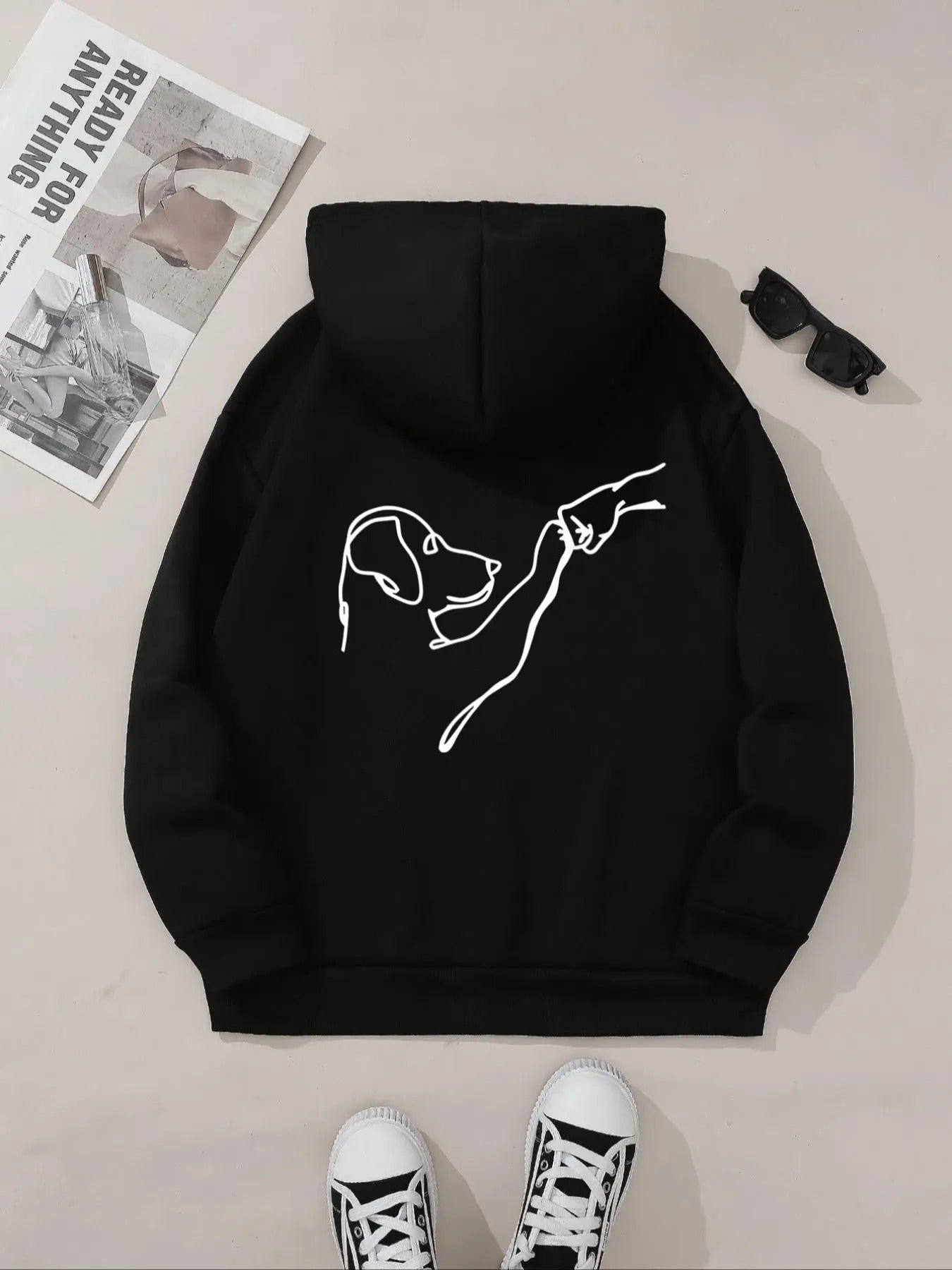 Women's Dog Print Drawstring Pocket Hoodie, Casual Fashion Long Sleeve Hooded Sweatshirt for Fall & Winter, Fashion...
