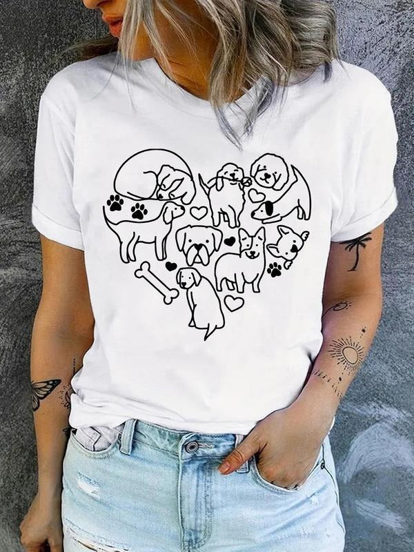 Women's Dog Print Round Neck Tee, Fashion Casual Short Sleeve T-shirt for Daily Outdoor Wear, Ladies Clothes for All...
