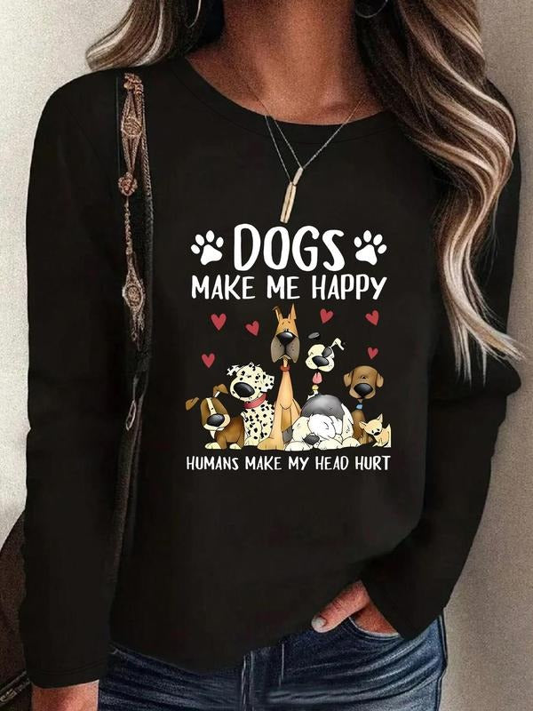 Women's Dogs Make Me Happy Round Neck Graphic Sweatshirt, Casual Long Sleeve Crew Neck Pullover for Daily Wear, Fashion...