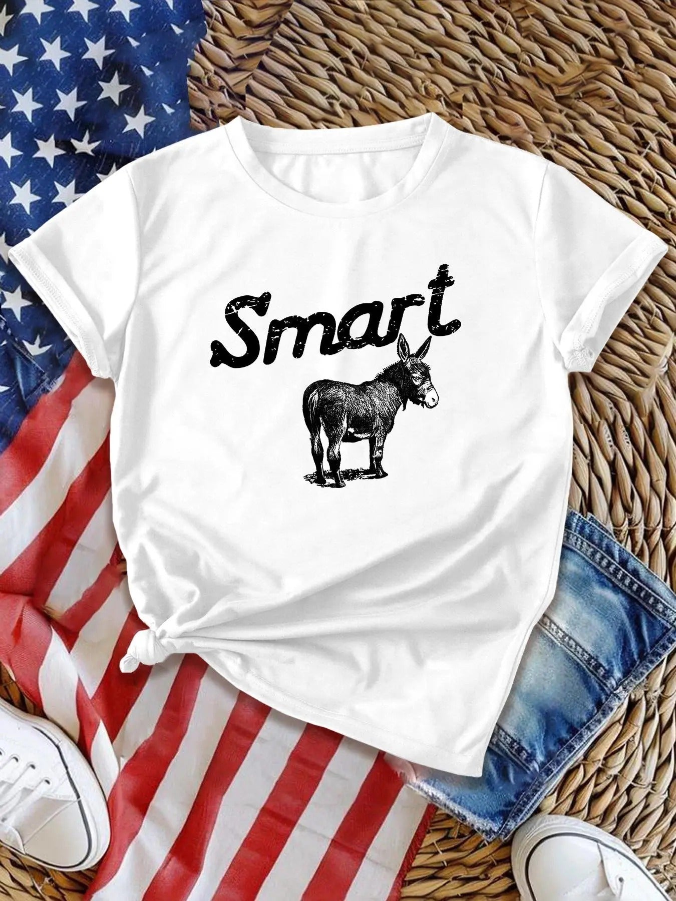 Women's Donkey & Letter Print Round Neck Tee, Casual Crew Neck Short Sleeve T-Shirt, Ladies All Seasons Outfit Hoodie,...
