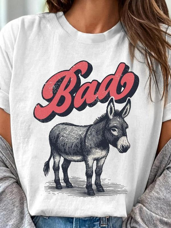 Donkey & Letter Print Round Neck Vintage Casual Short Sleeve Daily All Seasons Clothes T-Shirts, Hoodie, Sweatshirt