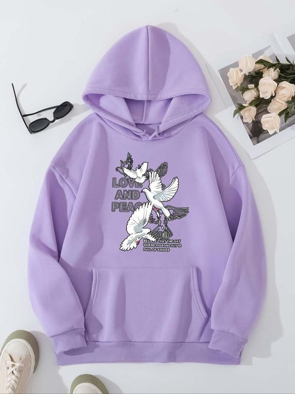 Women's Dove & Letter Print Drop Shoulder Hoodie, Fashion Casual Drawstring Pocket Hooded Sweatshirt for Daily Holiday...