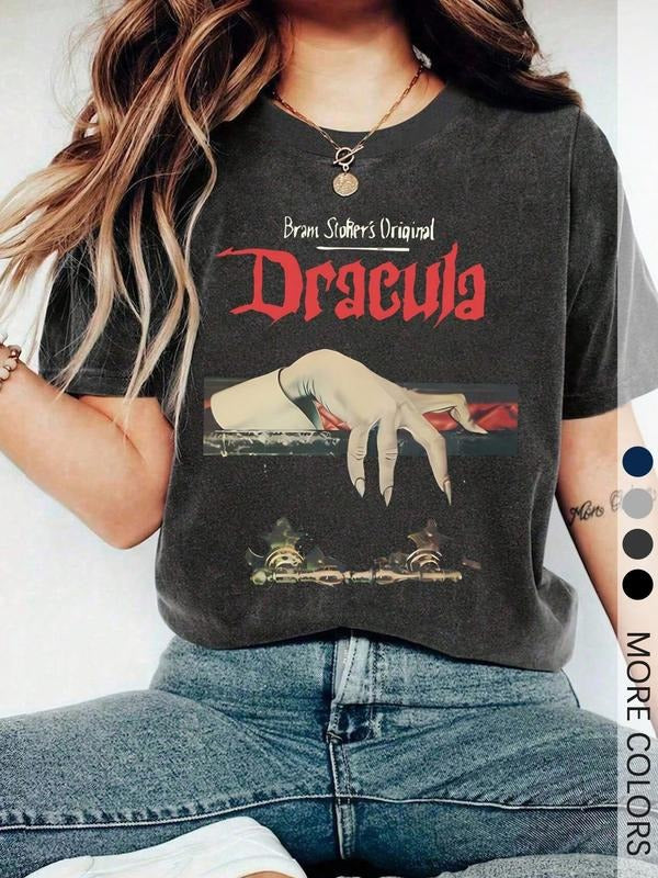Women's Dracula Print Regular Edition Round Neck T-Shirt, A Casual Basic Short-Sleeved Top Suitable For All Seasons, For...