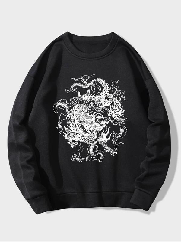 Dragon Print Drop Shoulder Casual Fall & Winter Daily Clothes T-Shirts, Hoodie, Sweatshirt