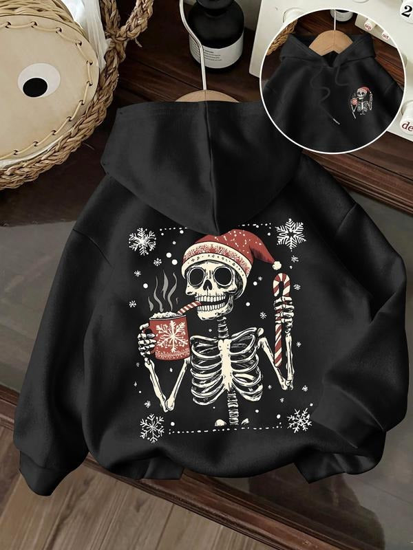 Women's Drawstring Hoodie Pocket Sweatshirt, Christmas & Halloween Skull Snowflake Print, Soft Comfortable Fabric, Fall...