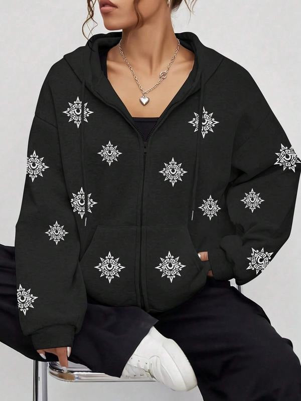 Women's Drawstring Zipper Cardigan with Pockets, Fashionable Graphic Print, Comfortable Warm Sweatshirt for Fall & Winter...