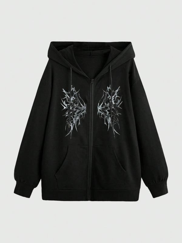 Women's Drawstring Zipper Cardigan with Pockets, Wing Print, Long Sleeve, Loose-Fitting, Fall & Winter Casual Sweatshirt...