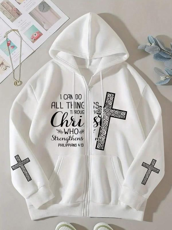 Women's Drawstring Zipper Cardigan, Pocket Design, Cross & Religious Slogan Print, Casual Long Sleeve Sweatshirt for Fall...