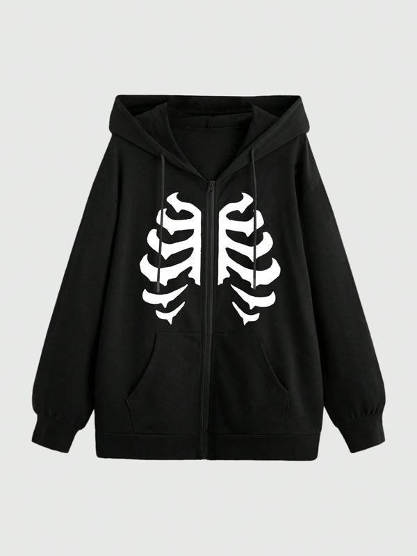 Women's Drawstring Zipper Cardigan, Pocket Design, Skull Print, Casual Long Sleeve Sweatshirt, Fall & Winter Comfortable...