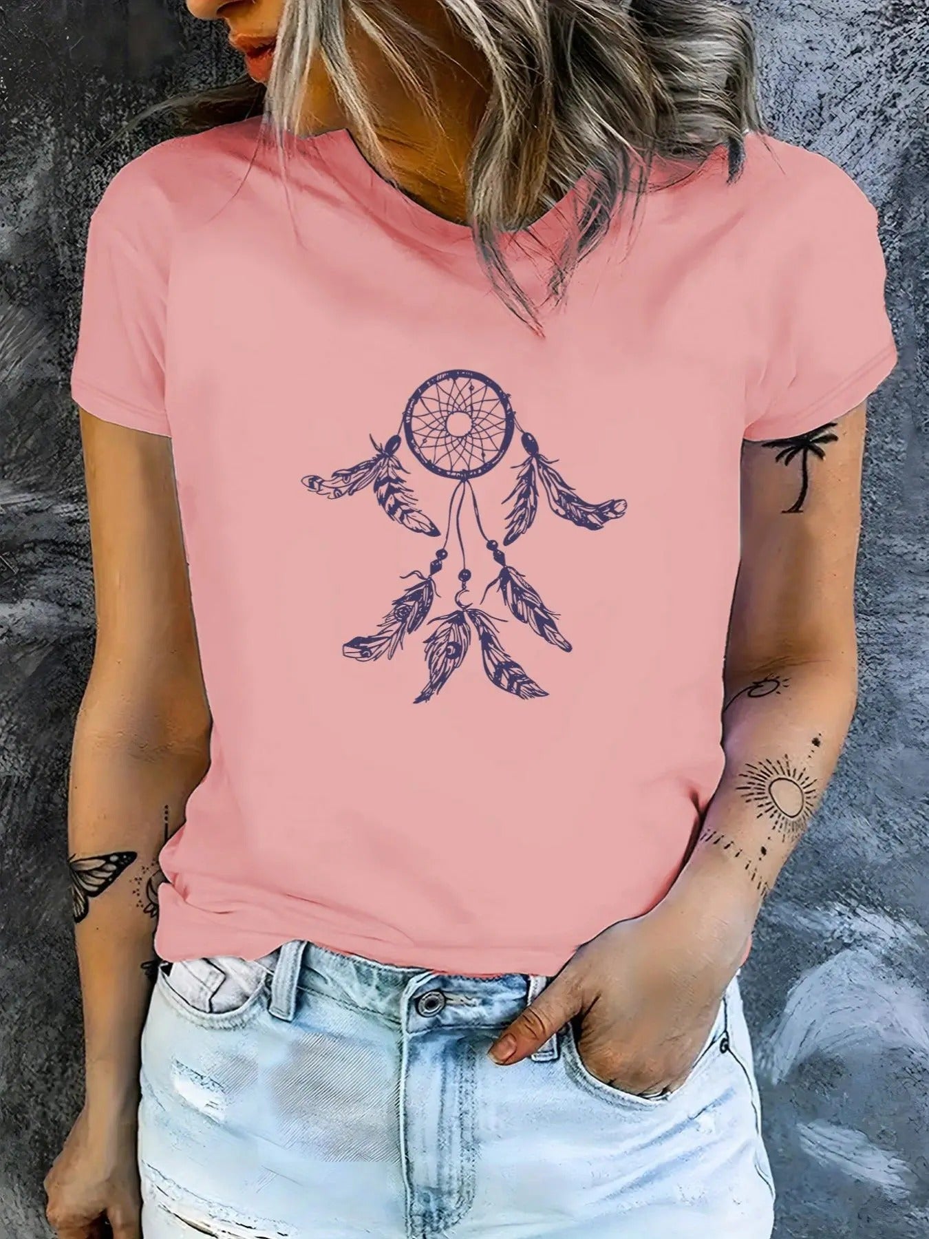 Women's Dream Catcher Print Round Neck Tee, Cute Short Sleeve T-Shirt for Daily Wear, Ladies Clothes for All Seasons...