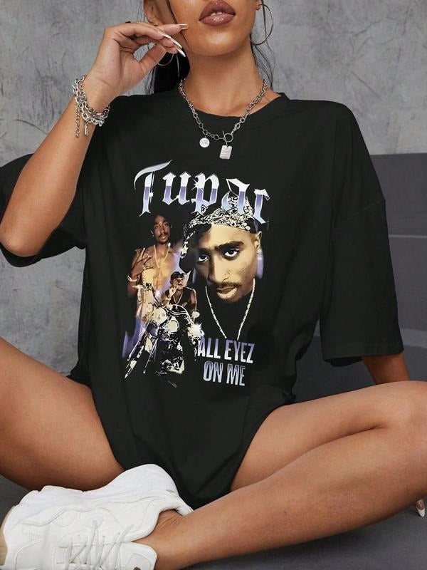 Women's Drink & Letter Print Round Neck Graphic Tee, Vintage Trendy Casual Short Sleeve T-shirt for Daily Wear, Ladies...