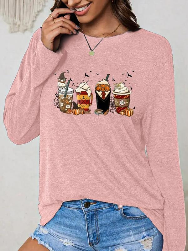 Women's Drink Print  Long Sleeve Graphic Tee, Casual Round Neck T-shirt for Daily Holiday Vacation Outdoor Wear, Ladies...