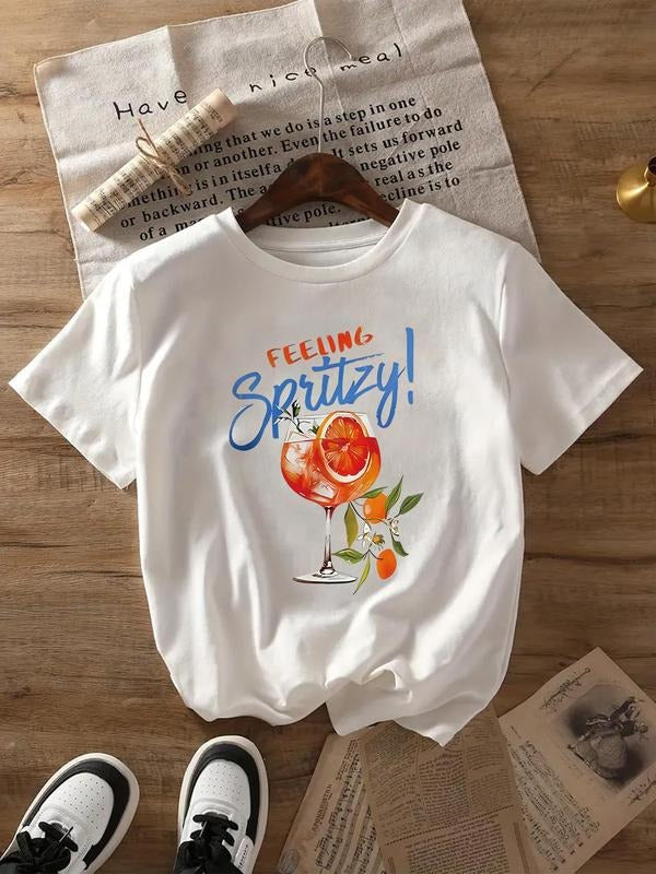 Women's Drink Print Round Neck Graphic Tee, Vintage Trendy Casual Short Sleeve T-shirt for Daily Wear, Ladies All Seasons...