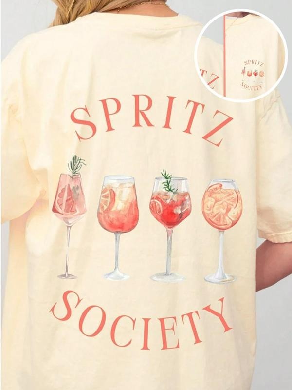 Women's Drink Print Round Neck Tee, Casual Short Sleeve Crew Neck T-Shirt for Summer, Fashion Women's Top for Daily...