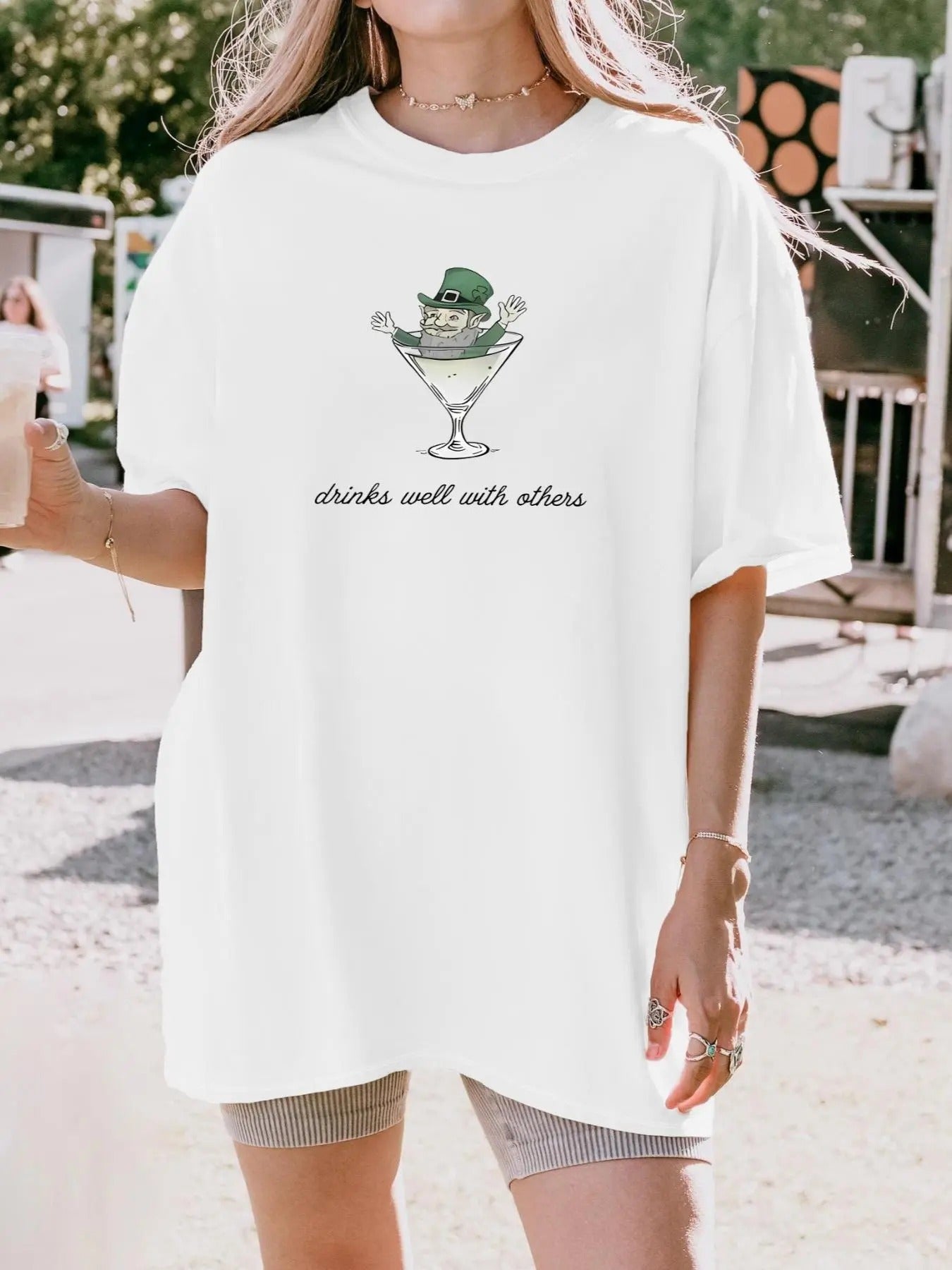 Women's Drinks & Letter Print Round Neck Tee, Casual Half  Sleeve T-shirt for Summer, Women's Top for Daily Wear Hoodie,...