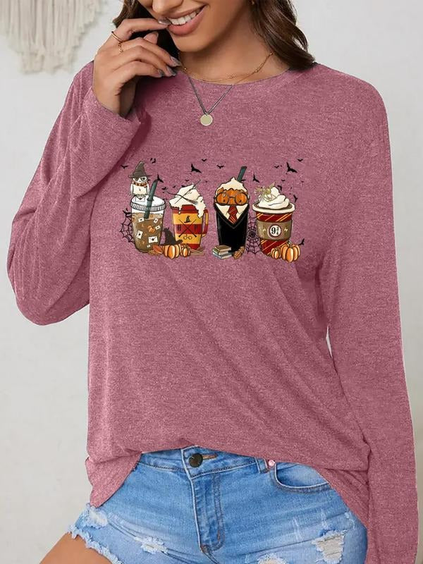 Women's Drinks Print Long Sleeve Tee, Casual Round Neck T-shirt for Spring & Fall, Women's Top for Daily Wear, Halloween...