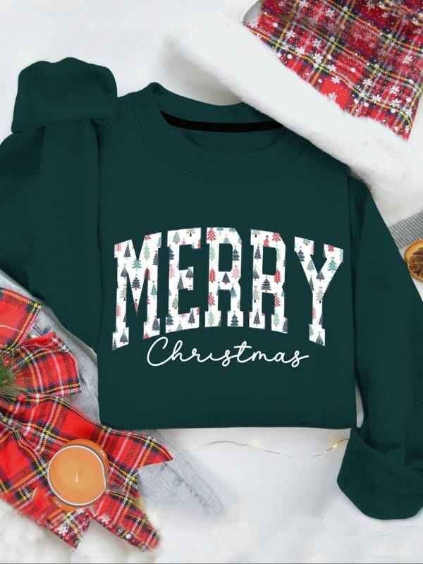 Women's Drop Shoulder Sweatshirt, Letter and Tree Print, Comfortable Long Sleeve Round Neck Pullover, Fall & Winter...