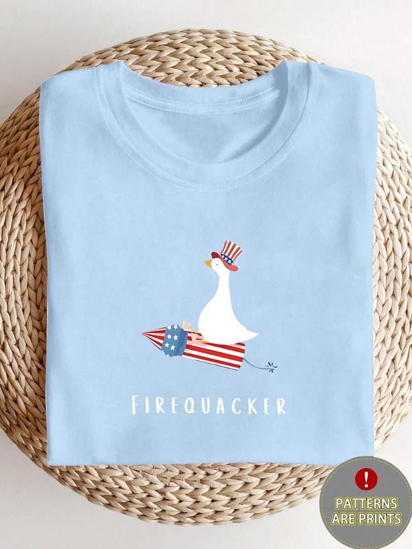 Women's Duck & Rocket Print Round Neck Tee, Vintage Trendy Casual Short Sleeve T-shirt for Daily Wear, Ladies Summer,...
