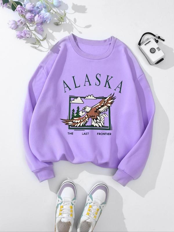 Women's Eagle & Letter Print Drop Shoulder Sweatshirt, Casual Long Sleeve Round Neck Pullover for Fall & Winter, Ladies...