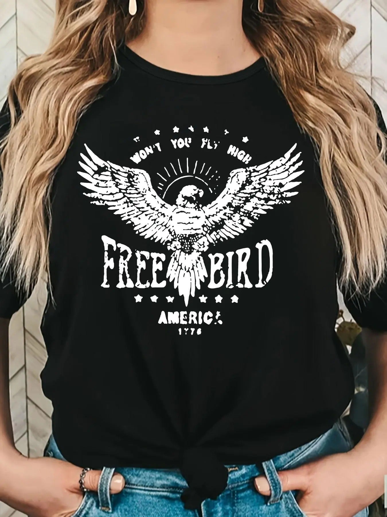 Women's Eagle & Letter Print Round Neck Tee, Casual Short Sleeve T-shirt for Summer, Women's Top for Daily Wear Hoodie,...