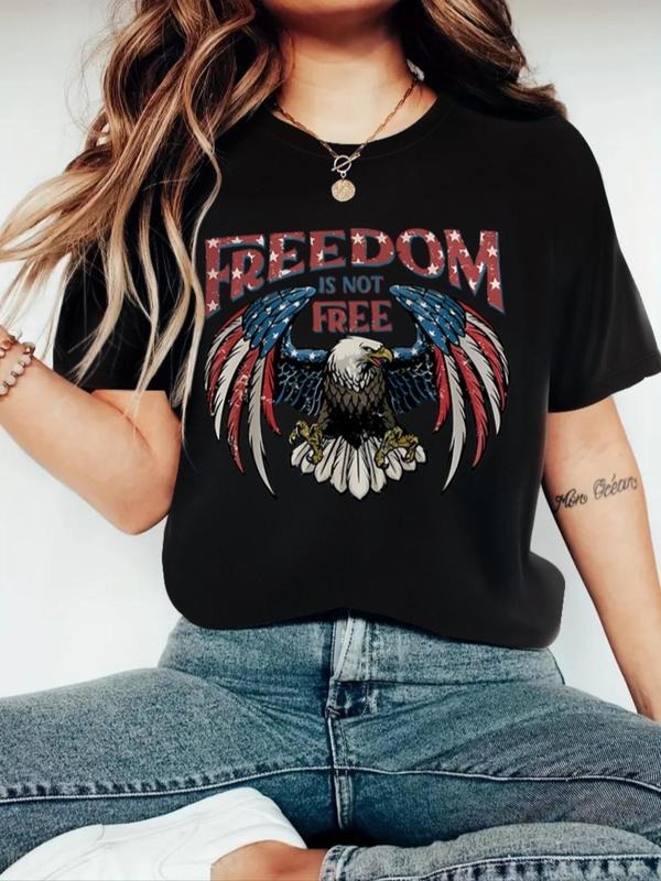 Women's Eagle & Letter Print Round Neck Tee, Fashion Casual Crew Neck T-shirt for Daily Holiday Vacation Outdoor Wear,...