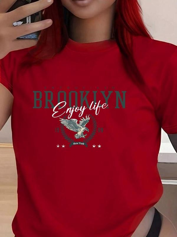 Women's Eagle & Letter Print Round Neck Tee, Trendy Casual Crew Neck T-shirt for Daily Wear, Ladies Summer, Top Hoodie,...