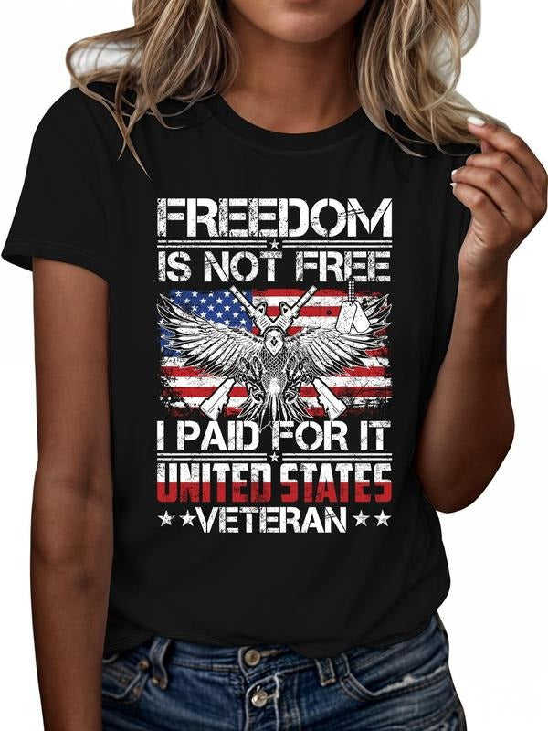 Women's Eagle & Letter Print Round Neck Tee, Trendy Flag Graphic Short Sleeve T-Shirt, Ladies All Seasons Outfit Hoodie,...
