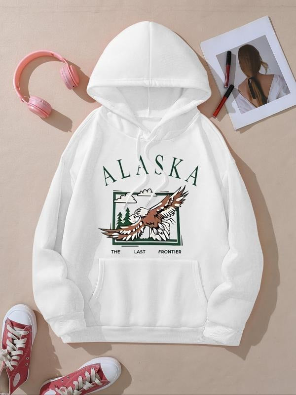 Women's Eagle Print Drop Shoulder Hoodie, Fashion Casual Drawstring Pocket Hooded Sweatshirt for Daily Holiday Outdoor...