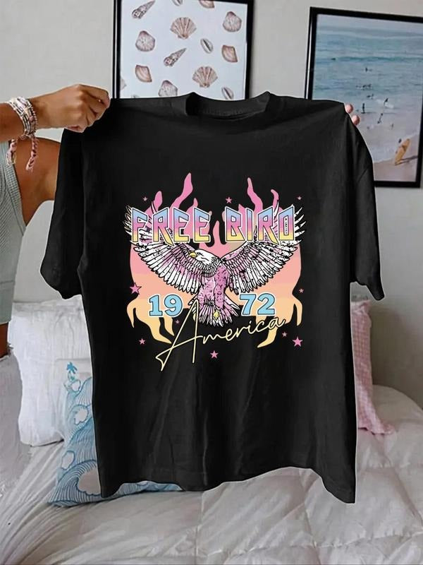 Women's Eagle Print Round Neck Graphic Tee, Vintage Trendy Casual Drop Shoulder Short Sleeve T-shirt for Daily Wear,...