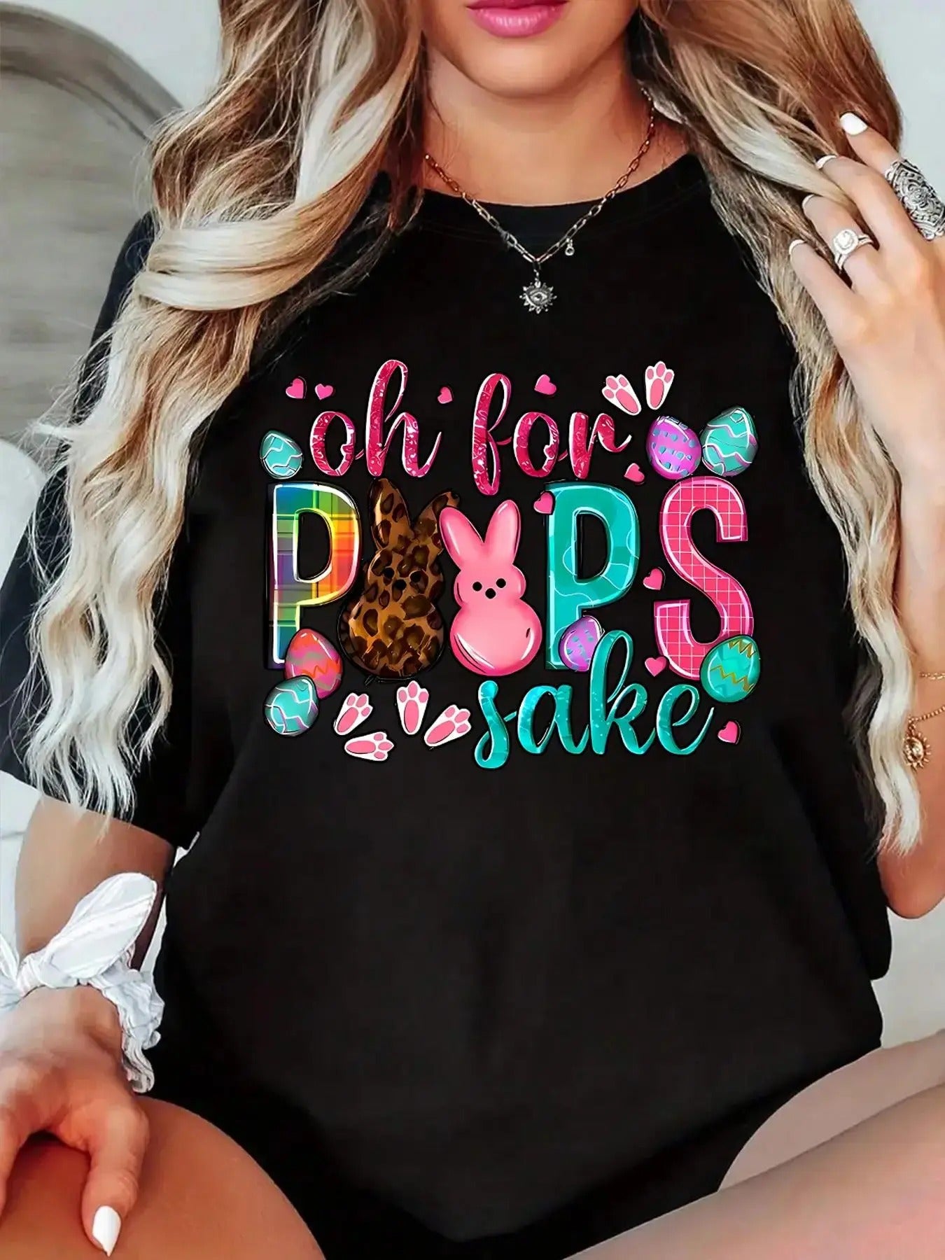 Easter Cartoon Rabbit & Letter Print Round Neck Short Sleeve Casual Crew Neck Daily Vacation Outdoor Clothes All Seasons T-Shirts, Hoodie, Sweatshirt