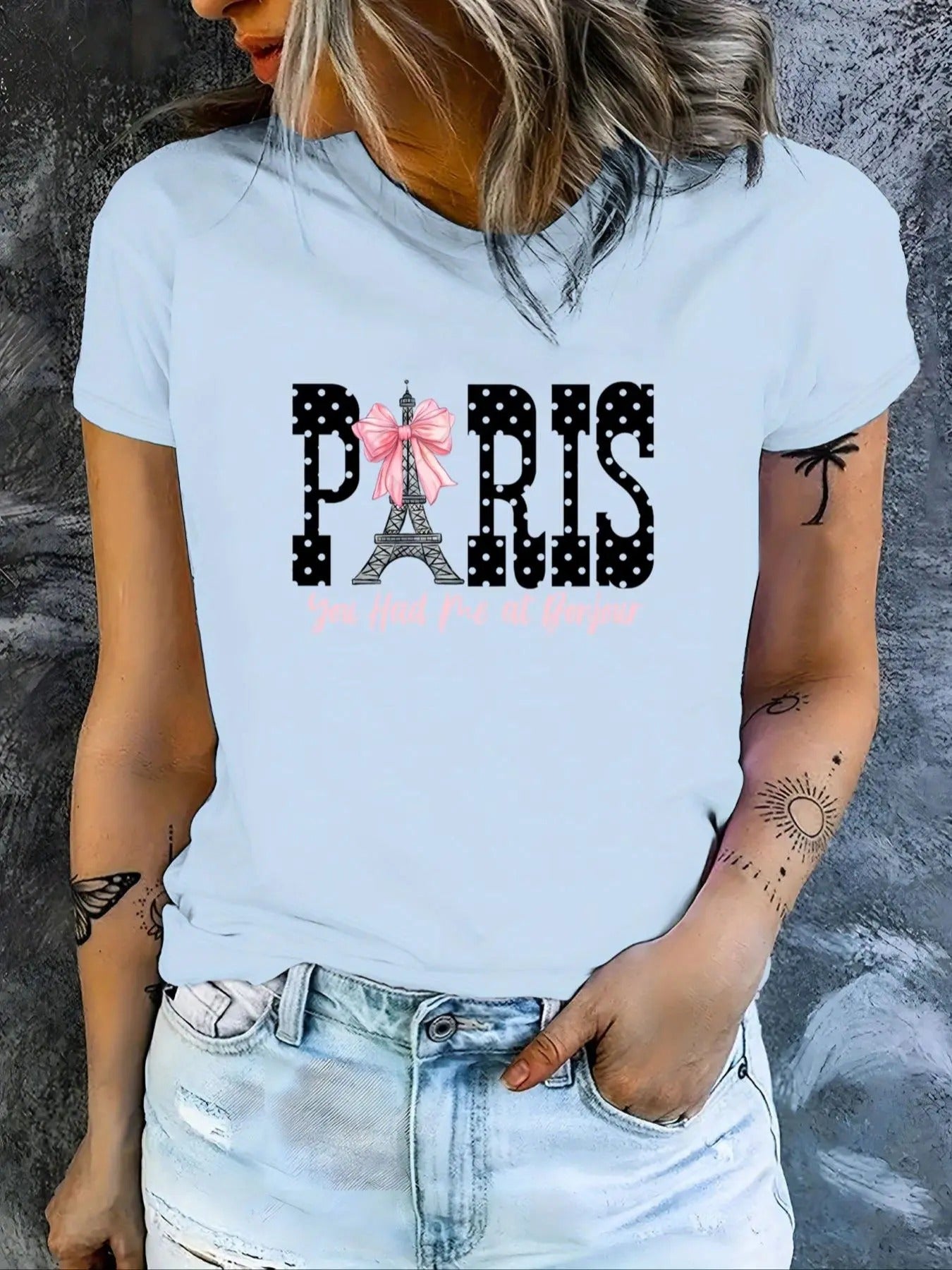 Women's Eiffel Tower & Bow Print Round Neck Tee, Cute Fashion Casual Short Sleeve T-shirt for Daily Holiday Vacation...
