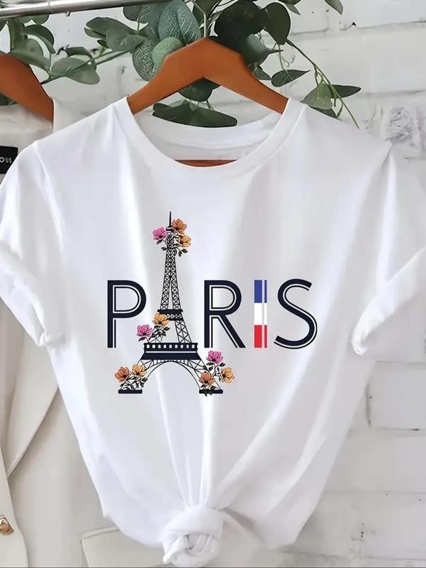 Women's Eiffel Tower & Floral Print Round Neck Tee, Casual Short Sleeve Crew Neck T-Shirt for Summer, Fashion Women's Top...