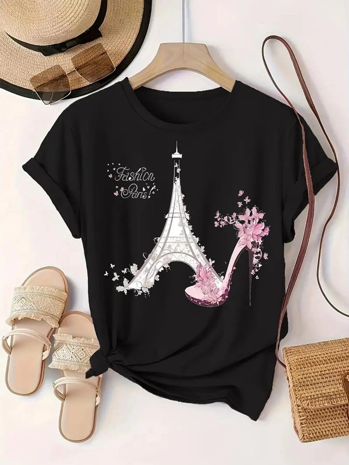 Women's Eiffel Tower & High Heels Print Round Neck Graphic Tee, Trendy Casual Short Sleeve T-shirt for Daily Wear, Ladies...