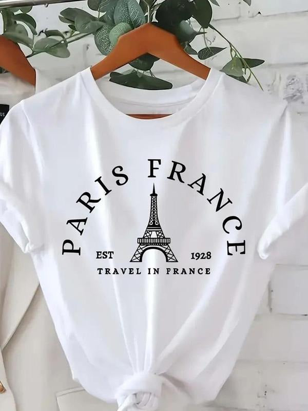 Women's Eiffel Tower & Letter Print Round Neck Graphic Tee, Vintage Trendy Casual Short Sleeve T-shirt for Daily Wear,...