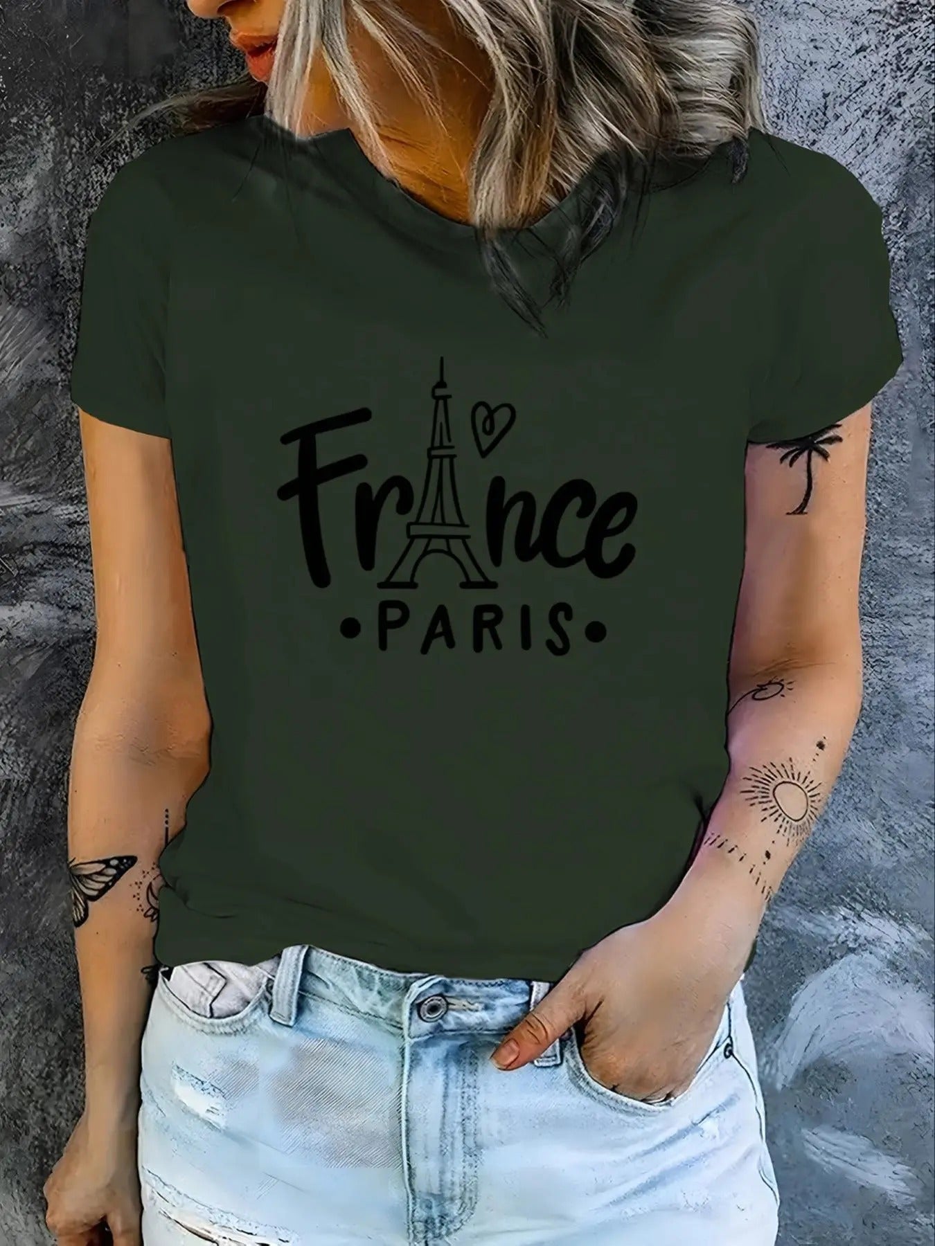 Women's Eiffel Tower & Letter Print Round Neck Graphic Tee, Vintage Trendy Casual Short Sleeve T-shirt for Daily Wear,...