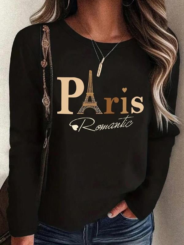 Women's Eiffel Tower & Letter Print Round Neck Sweatshirt, Casual Long Sleeve Crew Neck Pullover for Spring & Fall,...