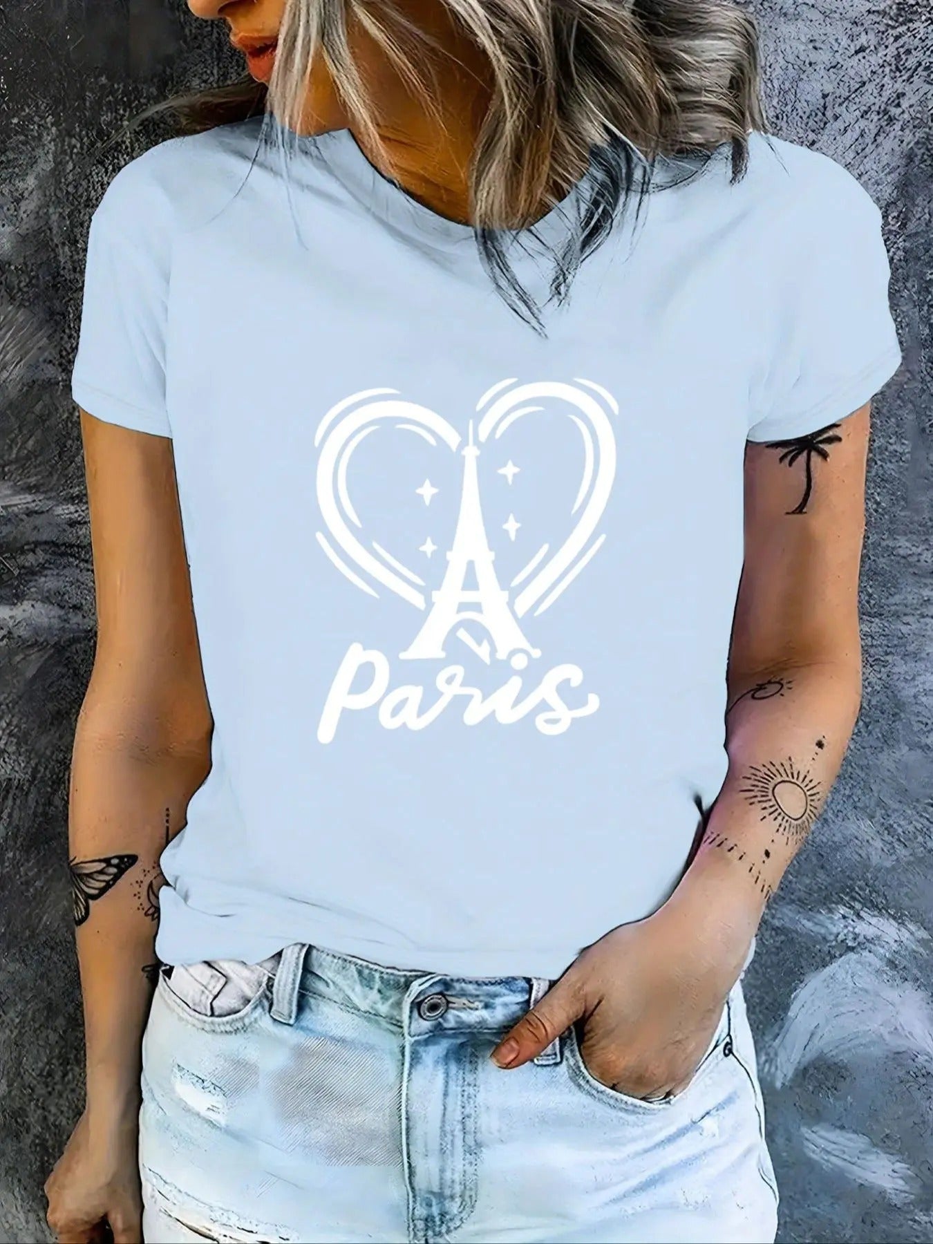 Women's Eiffel Tower & Letter Print Round Neck Tee, Cute Casual Short Sleeve T-shirt for Daily Wear, Ladies Clothes for...