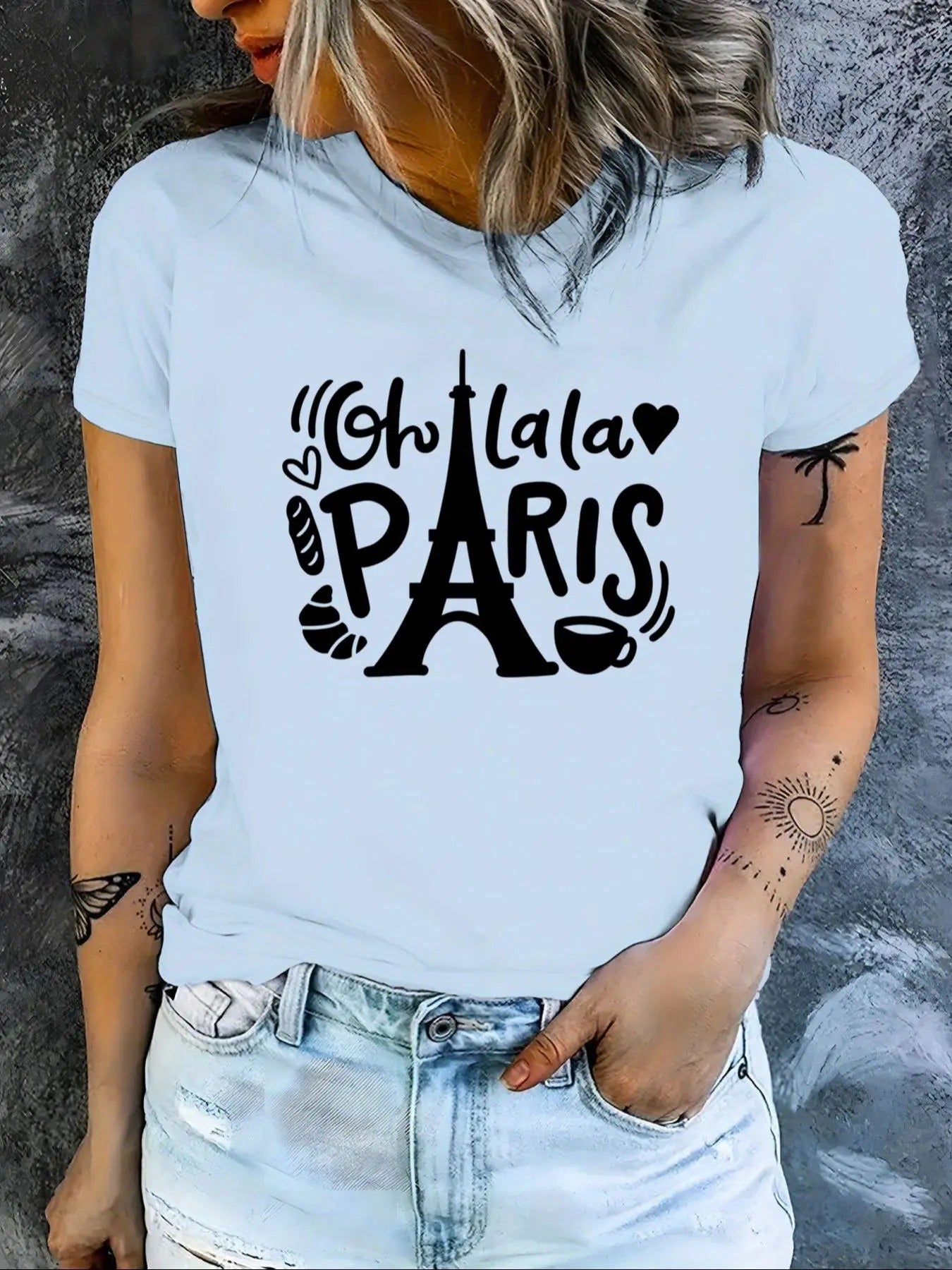 Women's Eiffel Tower & Letter Print Round Neck Tee, Cute Short Sleeve T-Shirt for Daily Wear, Ladies Clothes for All...
