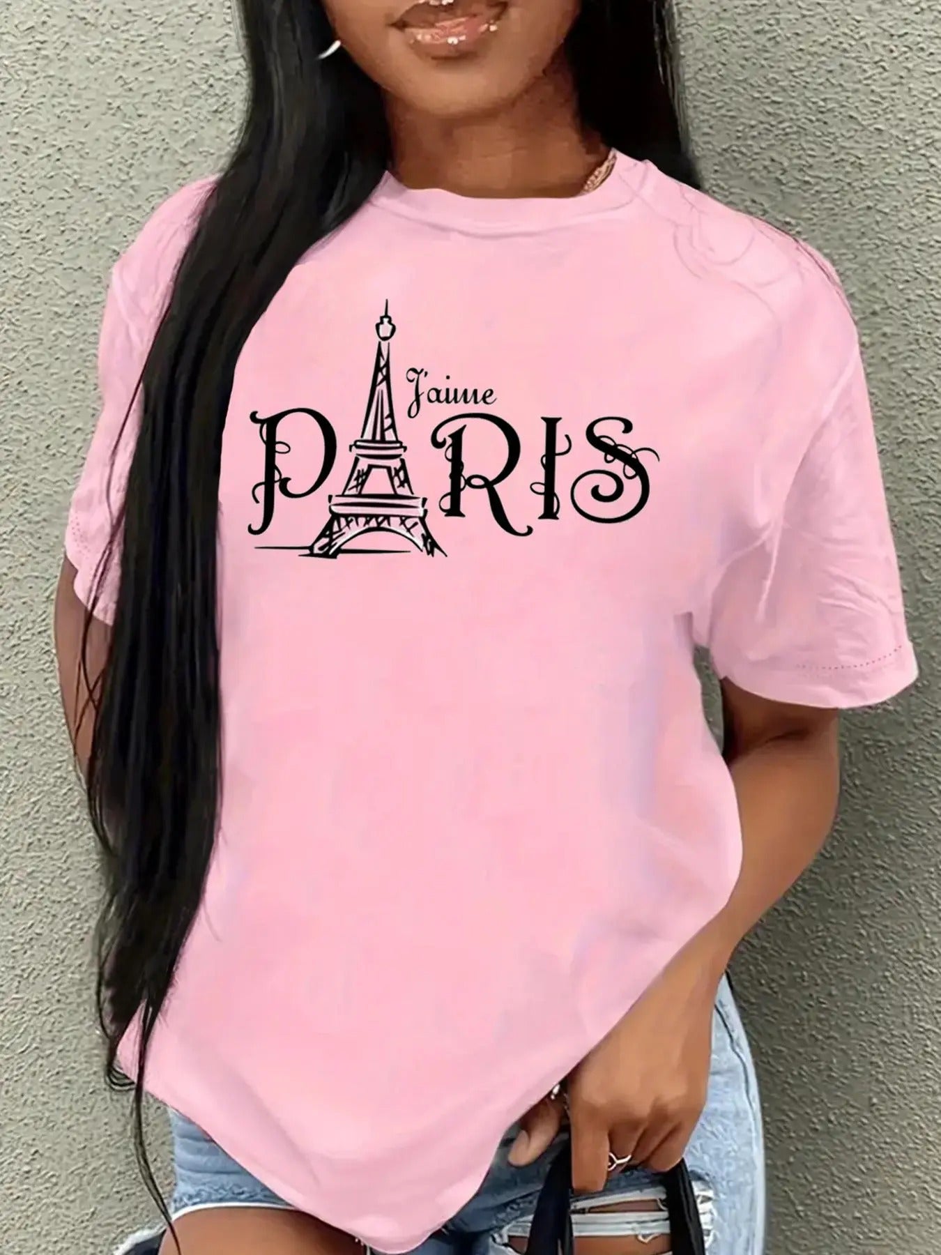 Women's Eiffel Tower & Letter Print Round Neck Tee, Trendy Casual Short Sleeve T-Shirt for Daily Wear, Ladies All Seasons...
