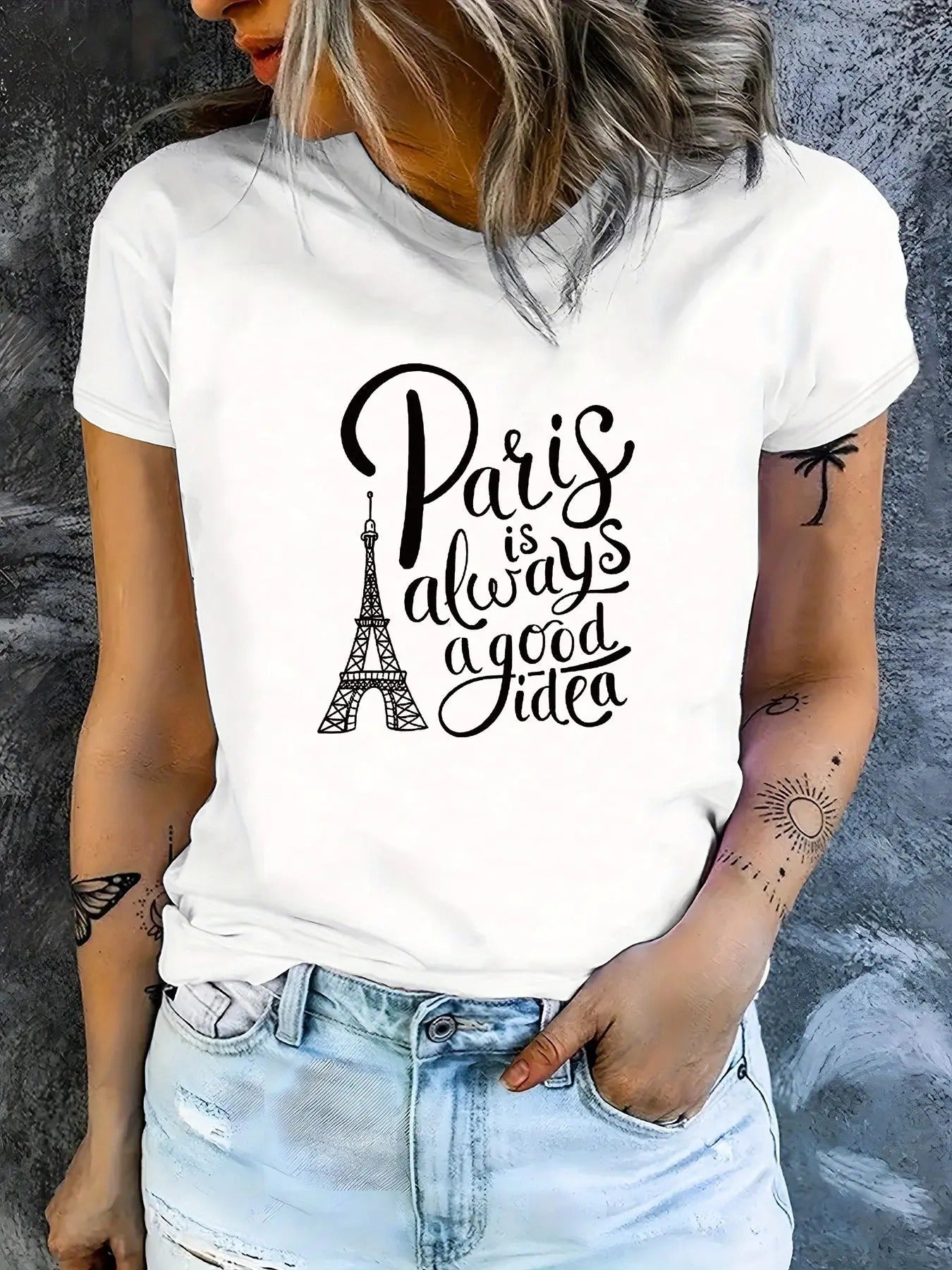 Women's Eiffel Tower & Letter Print Round Neck Tee, Trendy Casual Short Sleeve T-Shirt for Daily Wear, Ladies All Seasons...