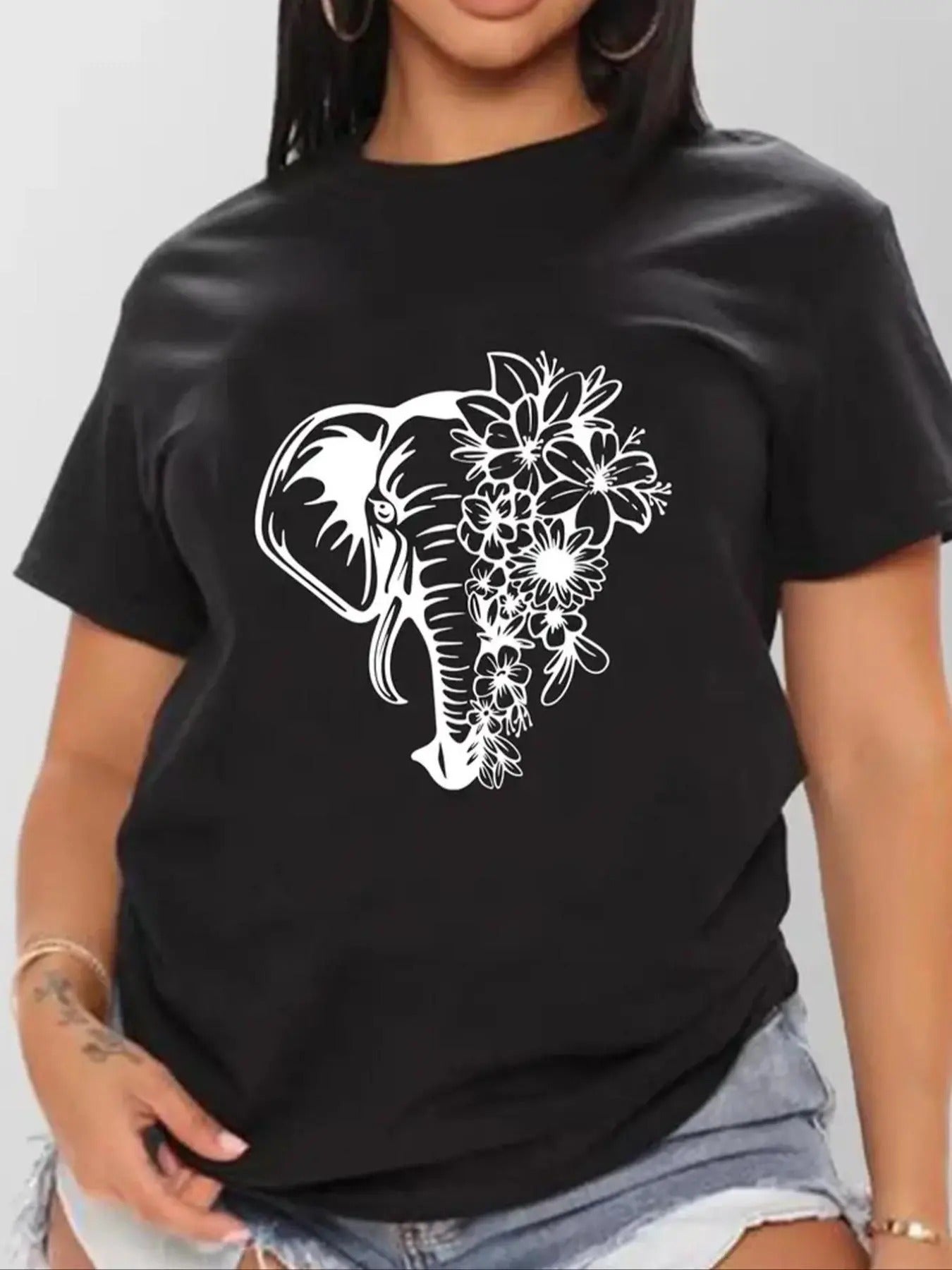 Women's Elephant & Floral Graphic Round Neck Tee, Vintage Trendy Casual Short Sleeve T-shirt For Daily Wear, Ladies...