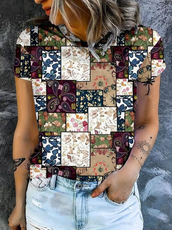 Women's Ethnic Floral & Star & Sun Print Round Neck Tee, Boho Casual Ditsy Floral Graphic Short Sleeve T-shirt for Spring...