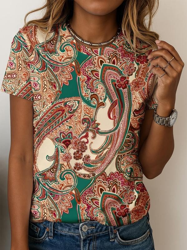 Women's Ethnic Pattern All Over Print Round Neck Tee, Casual Short Sleeve Crew Neck T-shirt for Spring & Fall, Fashion...