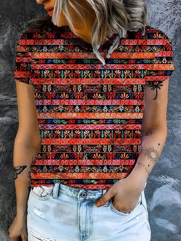 Women's Ethnic Pattern Round Neck Graphic Tee, Vintage Trendy Casual Short Sleeve T-shirt for Daily Wear, Ladies Summer...