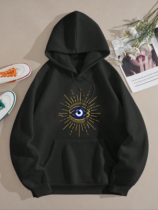 Women's Eye Print Drop Shoulder Hoodie, Fashion Casual Drawstring Pocket Hooded Sweatshirt for Daily Holiday Outdoor...