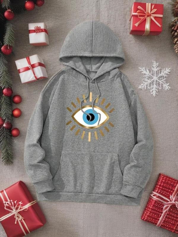 Women's Eye Print Drop Shoulder Hoodie, Fashion Casual Drawstring Pocket Hooded Sweatshirt for Daily Holiday Outdoor...