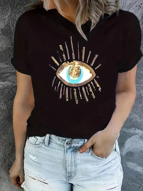 Women's Eye Print Round Neck Tee, Casual Short Sleeve Crew Neck T-Shirt for Summer, Women's Top for Daily Wear Hoodie,...