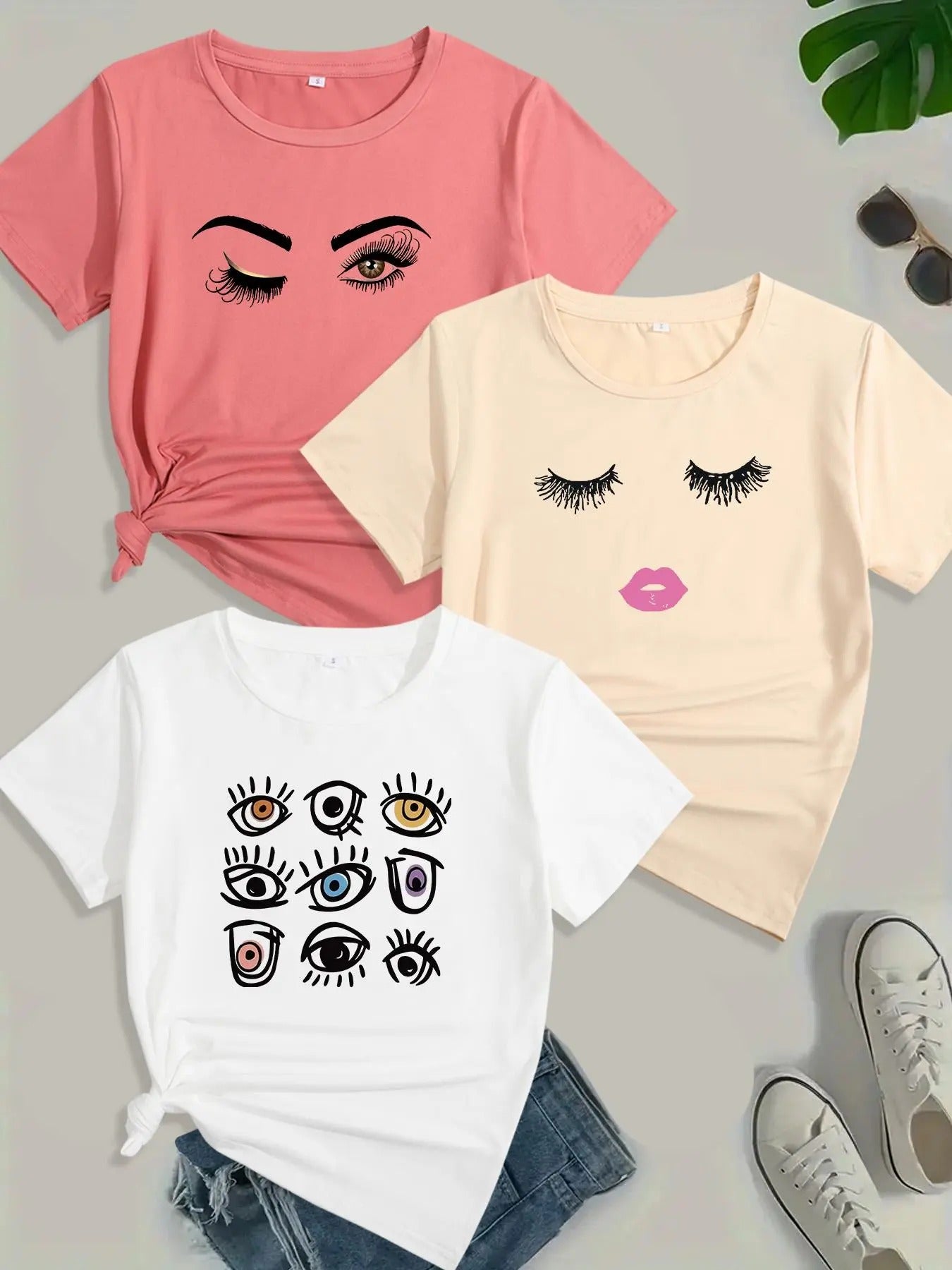 Women's Eyes Print Round Neck Tee, Casual Short Sleeve Crew Neck T-shirt for Daily Wear, Ladies Clothes for All Seasons...