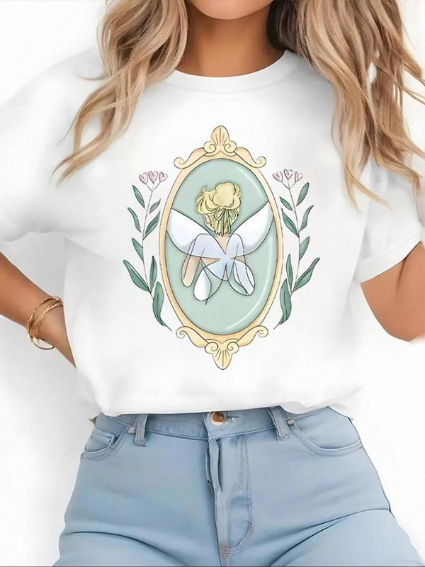 Women's Fairy & Floral Print Round Neck Graphic Tee, Vintage Trendy Casual Short Sleeve T-shirt for Daily Wear, Ladies...
