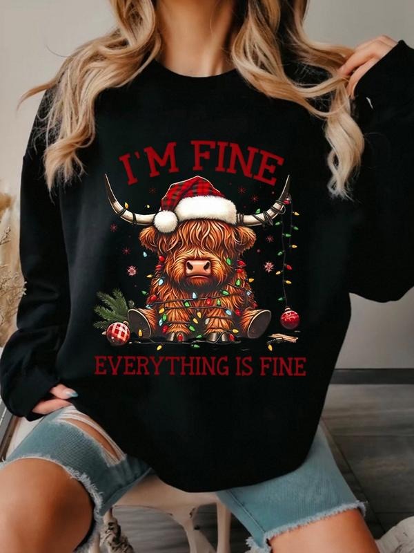 Women's Fall Winter Christmas Animal Print Round Neck Sweatshirt, Casual Loose-Fitting Long Sleeve, Holiday Theme...
